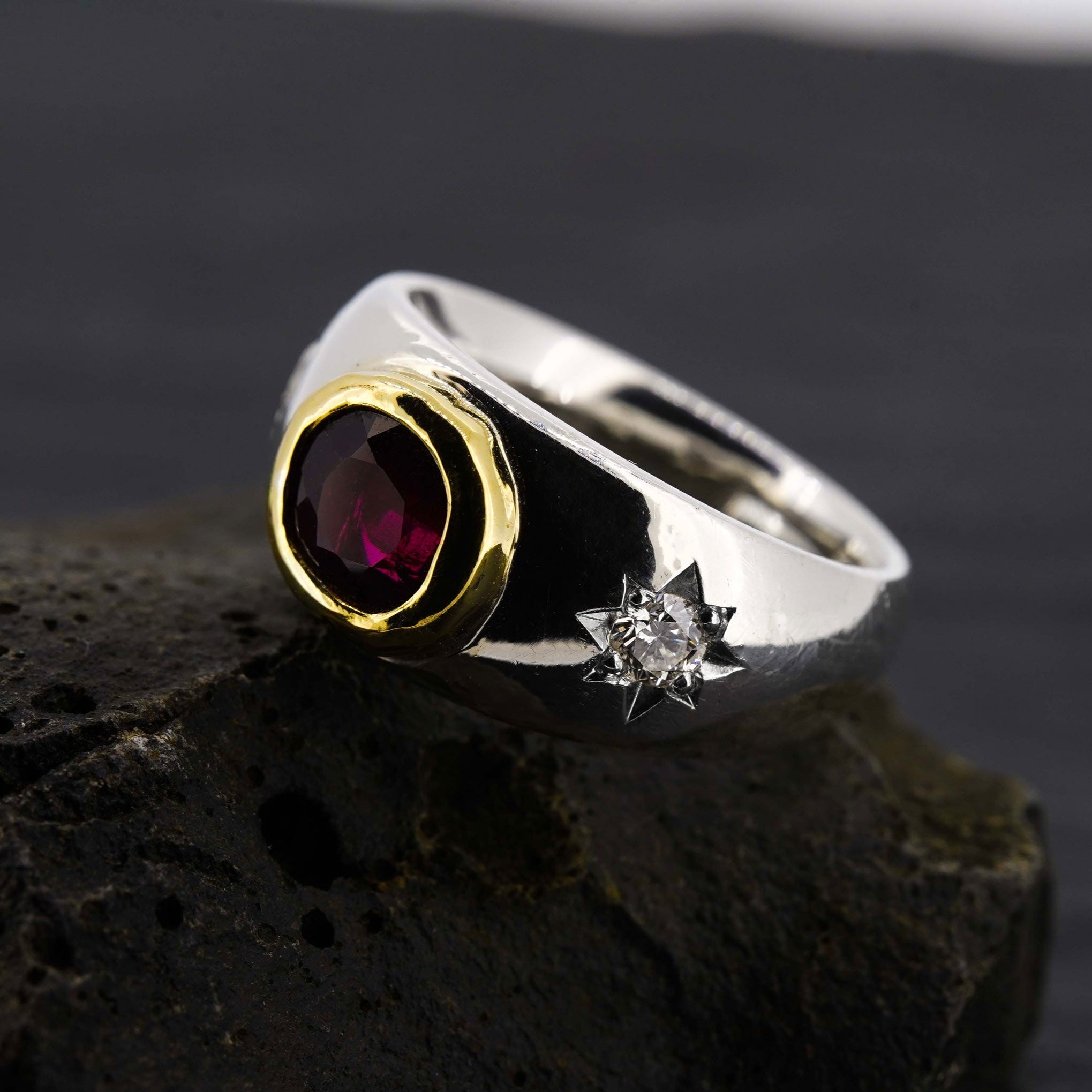 Rubellite and Gold Bezel Signet Ring